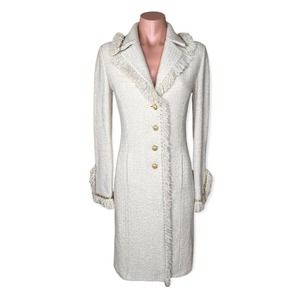 St John Knit Ivory Long Jacket sz 2 XS Fringe detail Gold Buttons Classic 1008